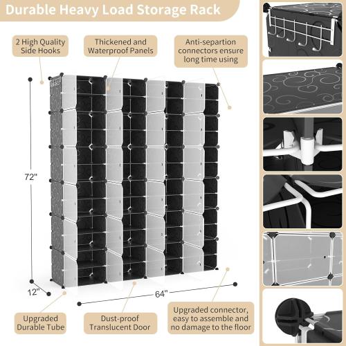 Portable Shoe Rack Organizer with Door, 96 Pairs Shoe Storage Cabinet Easy Assembly, Plastic Adjustable Shoe Storage Organizer Stackable Detachable Free Standing DIY Expandable 12 Tier Black