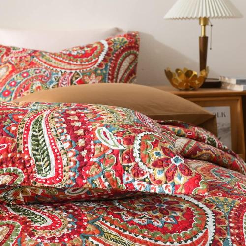 ENASAL Cotton Bedspread Quilt Sets, Reversible Bedding Coverlet Sets Comforter, Floral Paisley Bedspread (Red, King Size)