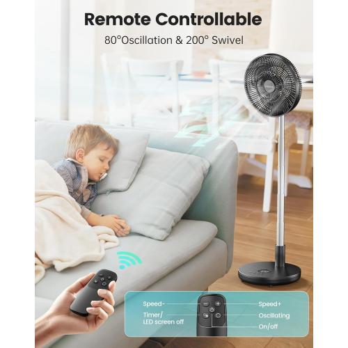 TriPole Foldable Standing Fan 12 Portable Rechargeable Quiet Fans, 6 Speed | Auto-oscillating, 12000mAh Battery Folding Fan, LED Display, Remote Control, Timer Setting, Height Adjustable for Home Office