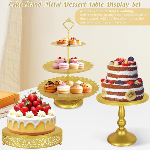 Fivenl 8 Pcs Cake Stand Gold Metal Dessert Table Display Set, 3-Tier Cupcake Stand, Cake Display Tower and Cookie Tray Rack Serving Tray for Birthday Party, Weddings, Baby Shower (Gold)