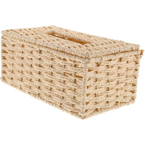 Woven Paper Rope Tissue Box Holder, Handmade Rattan Napkin Storage Basket, Beige Decorative Tissue Cover for Home Office Bathroom