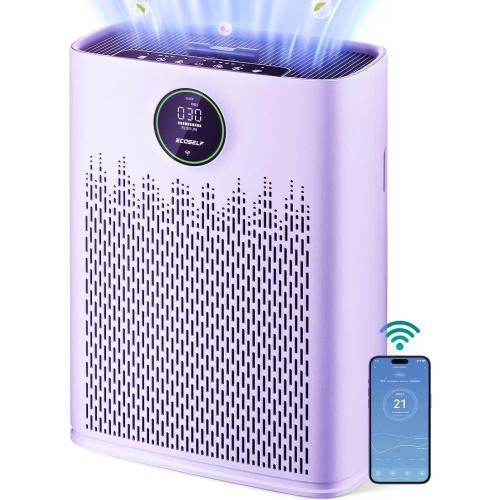 Color White ECOSELF Smart Air Purifier for Home Large Rooms, with WiFi Control, Covers Up to 2400 Ft², Smart Mode, AQI Display, 22dB Sleep Mode & Aromatherapy with 2X-Power Filtration, HAP603WF, Purplish White