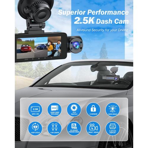 Dash Cam Front and Rear, 2.5K 1440P Triple Car Camera with 32GB Card, 3 Channel Dash Camera for Cars, G-Sensor, 3.16” IPS Screen, 24Hr Parking, 170°Wide Angle, Loop Recording, IR Night Vision, Blue
