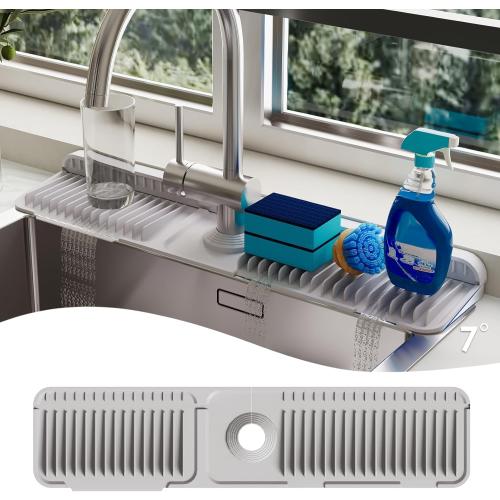 24 Inch Silicone Faucet Mat for Kitchen Sink Splash Guard - 7° Slope Upgraded Water Draining Mat with Fasten Button for Bathroom Area (Gray, 24''x5.5'')