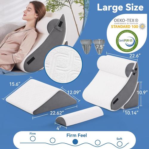 Wedge Pillow Set for After Surgery, 5 PCS Bed Wedge Pillow for Sleeping, Memory Foam Orthopedic Back Adjustable Pillow for Pain Relief and Acid Reflux with 2 PCS Axilla Pillow Grey