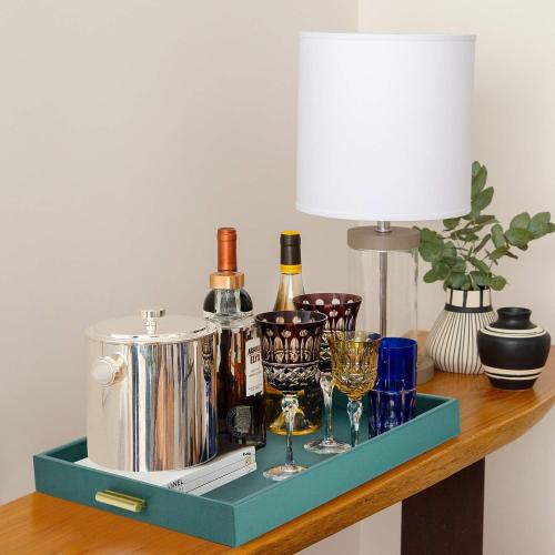 HofferRuffer Extra Large Serving Tray with Handles, Elegant Faux Leather Storage Decorative Tray for Coffee Table, Ottoman, Console Table (Green Tray Golden Handle)