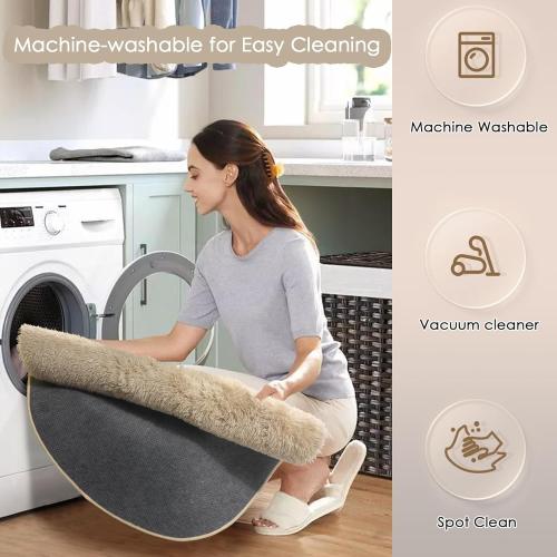 Amdrebio Beige Round Area Rug 4Ft for Bedroom, Machine Washable, Fluffy Plush Shag Furry Circle Rugs for Kids Room, Living Room Decor Aesthetic, Cute Fuzzy Carpet for Nursery Playroom Dorm Baby Teens