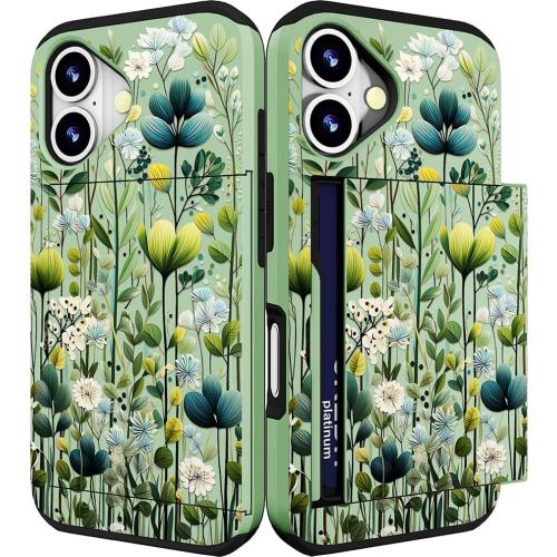Size iPhone 16 Color Green Compatible for iPhone 16 Plus Case Cute with Card Holder Shockproof Slim Slot Phone Wallet Cover for Women/Green Leaves Botanical Flower Plants Tropical