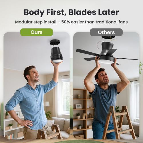 Ceiling Fans with Lights and Remote: 52 Inch Modern Black Ceiling Fan, Low Profile Flush Mount, Quiet Reversible DC Motor & 3CCT Dimmable LED for Bedroom Living Room Kitchen Indoor Outdoor