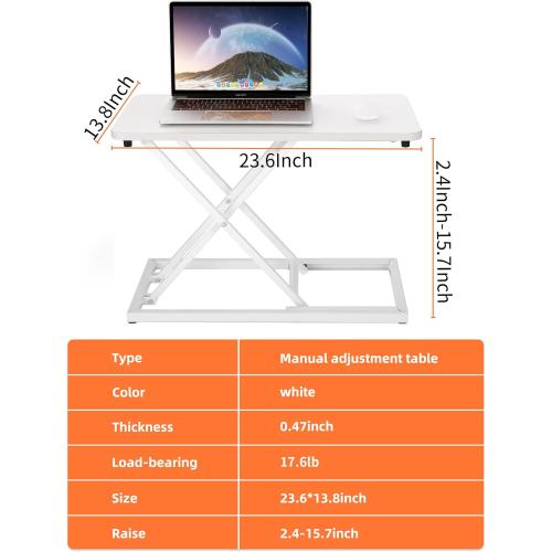 biueus Height Adjustable Standing Desk Converter, Stand Up Desk Converter for Home Office, Gas Spring Computer Workstation for Monitor Or Laptop (White-23.6Inch)