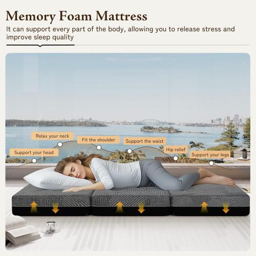 Tri Folding Mattress Twin Size - Memory Foam Tri-fold Mattress, Handle & Non-Slip Bottom, Portable Foldable Sofa Bed Floor Chair for Travel RV Camping Guest Yoga - 6 Inch, 75x38x6