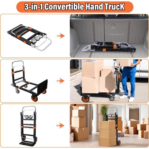 BLACK Upgraded 3 in 1 Folding Hand Truck, 600lbs Capacity, Heavy Duty Convertible Dolly with Retractable Handle and 4 Rubber Wheels, Collapsible Cart for Moving Home, Office, Warehouse（Orange）