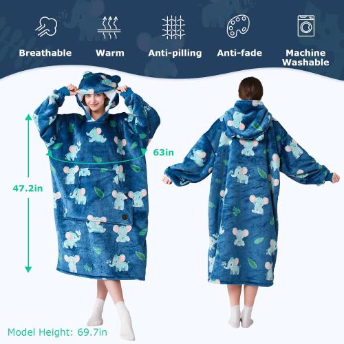THREE POODLE Wearable Blanket Hoodie, Oversized Sherpa Sweatshirt Blanket for Adults Women Men, Warm Cozy Elephant Hooded Blanket, Gifts for Mom Girlfriend