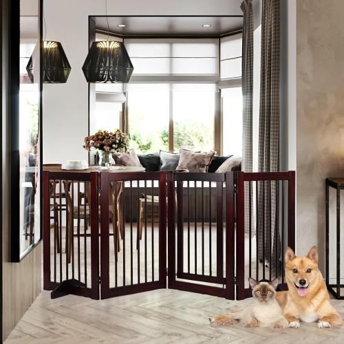 Wooden Freestanding Pet Gate, Pet Gate for Dogs, 29.5inch 4-Panel Wooden Dog Fence with 2 Support, Feet Folding Dog Gate for Indoor, Doorway, Stairs, Kitchen, 81.5“L×30”H (Brown)