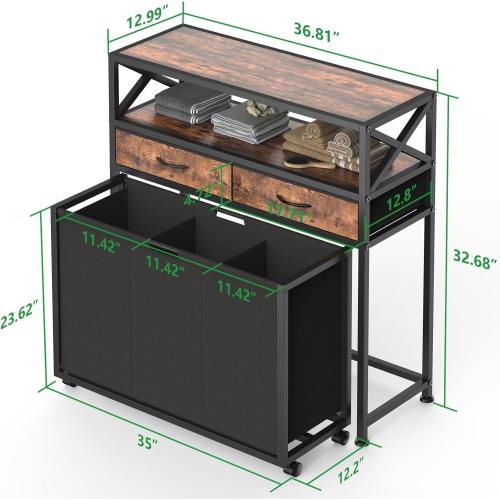 Laundry Hamper 3 Section, 150L Rolling Laundry Sorter Basket with 2 Shelves and 2 Drawers, 3 Compartment Clothes Organizer Cart with Wheels, Pull-Out Bags for Laundry Room, Bathroom, Bedroom