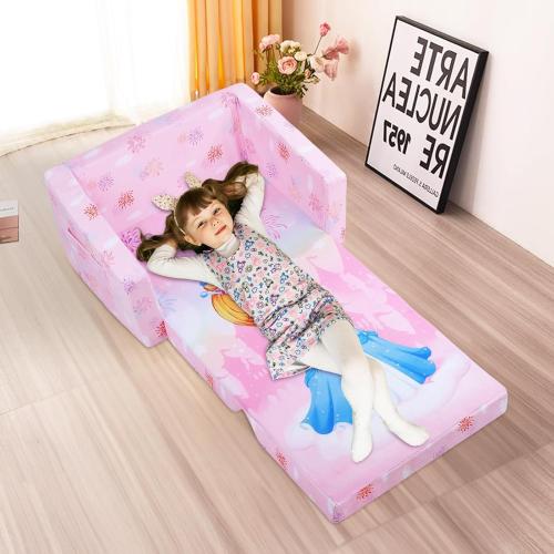 Pink 41L * 23.5W Foldable Kids Sofas Couch 2 in 1 Children Convertible Sofa to Lounger Flip Open Toddlers Sofa Bed