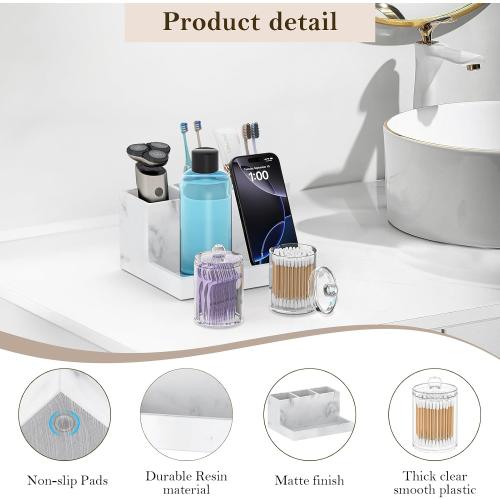 Toothbrush Holder for Bathroom with 2PCS Qtip Holder Dispenser, 3 Slot Bathroom Accessories Holder Floss Cotton Swab Holder Bathroom Vanity Tray for Perfume Comestic Organizer Counter Storage, White