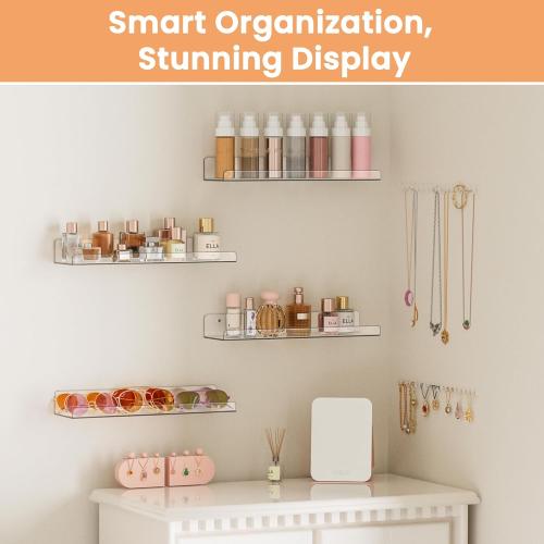 upsimples Acrylic Shelves for Bathroom Storage, 15 Floating Shelves Wall Organizer for Perfume, Make up, Skincare, Kids Bookshelf for Bedroom, Nursery, Living Room Decor, Clear, 4 Pack
