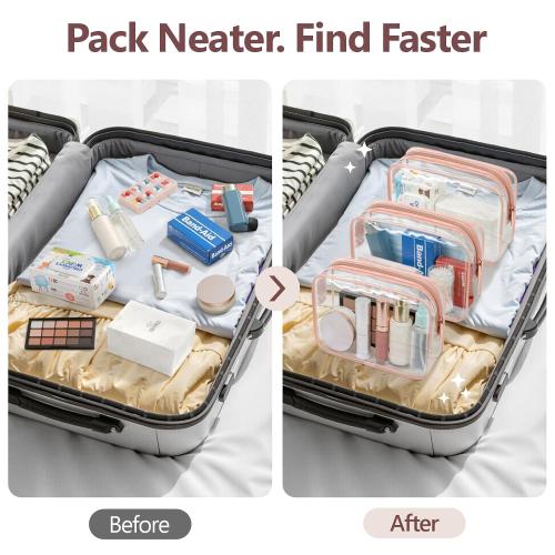 PACKISM TSA Approved Toiletry Bag - Clear Makeup Bag 3 Pack Medium, Quart Size Bag for 3-1-1 Liquids with Metal Smooth Zipper, Travel Makeup Bag for Women Men, Airport Airline Compliant Bag, Rose Pink