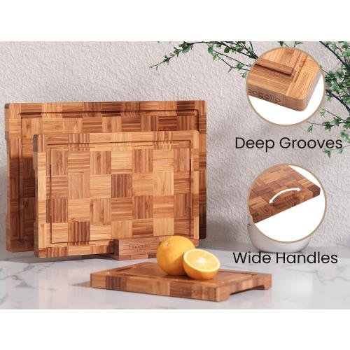 Fibogollo Set of 3 Bamboo Kitchen Cutting Boards with Juice Groove | Chopping Boards Set,End Grain Bamboo Butcher Block with Storage Stand,Serving Board and Charcuterie with Holder