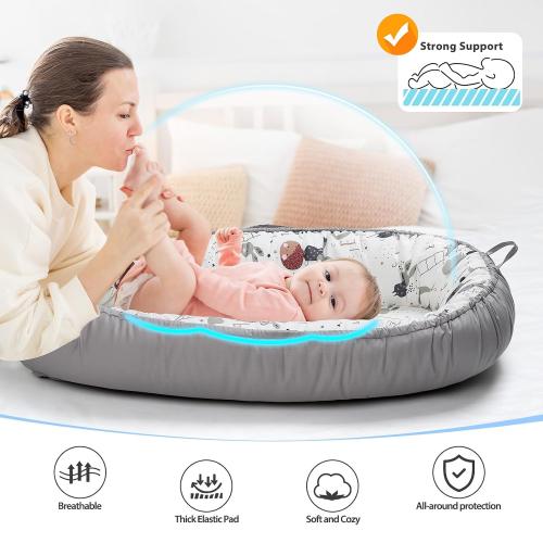 Color White and Grey elephants Baby Lounger - Breathable & Soft Baby Nest, Portable and Lightweight Tummy Time Lounger for Home and Travel, Ideal Newborn Babies Essentials Baby Shower Gifts