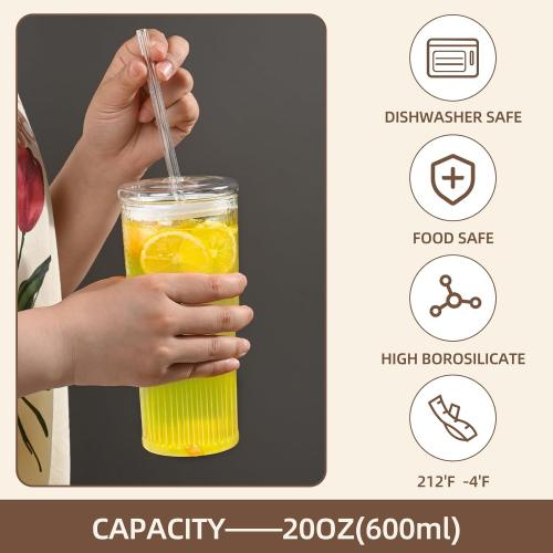 20 OZ Iced Coffee Cup With Glass Lids and Straws,High Borosilicate Glass Tumbler Cup Reusable Wide Mouth Smoothie Cups(Clear,1cup)…