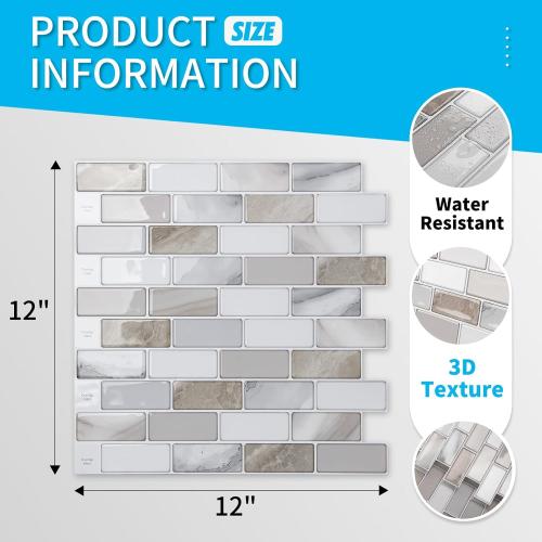 Art3d 10-Sheet Peel and Stick Backsplash Tile for Kitchen - 12”×12” Stick on Wall Tile for Kitchen Bathroom Countertop Living Room, Beige & White