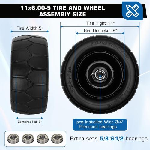 BLACK 11x6.00-5 Flat Free Tire,2 Pack 11x6.00-5 Tires for Zero Turn Mower With 3/4 & 5/8 or 1/2” Bearing,6-8 Centered Hub,11x6-5 Lawn Mower Tires Flat Free,Load 400lbs