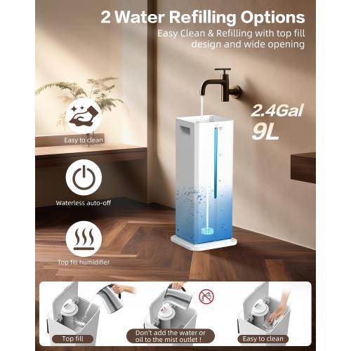 Cool Mist Humidifiers for Bedroom, Ultrasonic 2.4Gal 9L Quiet Top-Fill, Easy Clean with Essential Oil Tray, 360°Nozzle, 4 Speed, Remote, 60H Runtime, for Baby, Adults, Plants, Home, House, Large Room