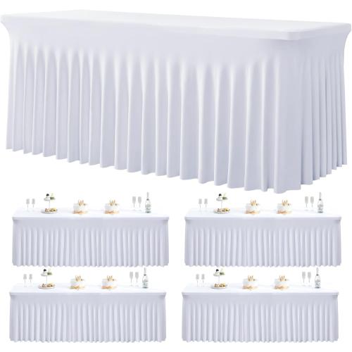 White Spandex Tablecloths for 6 Foot Rectangle Tables, Wrinkle Free Stretchy Table Cloths 6ft Fitted Table Cover DeskSkirt for Weddings Birthday Party Banquet Baby Shower