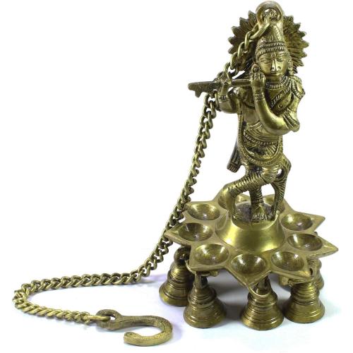 eCraftIndia 'Lord Krishna Playing Flute' Wall Hanging with 9 Oil Wick Diya (Brass, 12 cm x 23 cm, Brown, BGKDB101)