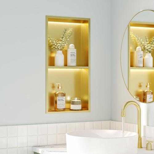 Neohomee 2-Tiers 12x24 Shower Niche with LED Light Strips, Golden Recessed Wall Cabinet, Stainless Steel Wall Niche for Shower Wall, Waterproof NO Tile Needed Storage Organizer (3000K LED Light)