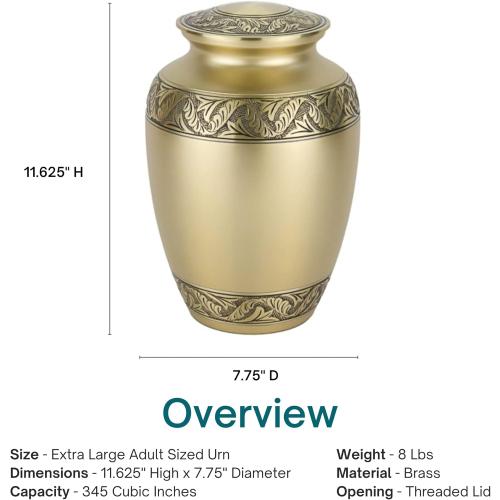 Classic Laurel Gold Cremation Urn for Ashes - Extra Large, Brass, Gold Companion Urn, Extra Large Adult Sized Cremation Urn, 11.625 Inches High