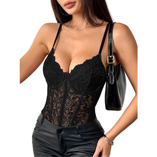 Size S...Lilosy Sexy Mesh Sheer Floral Lace Corset Lingerie Bodysuit Bustier Cami Top