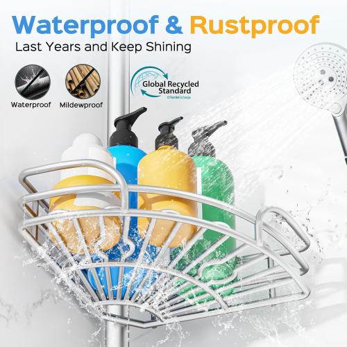 HAMITOR Corner Shower Caddy Tension Pole, Space-saving Bathtub Shelves | Adjustable No-Drill 47-123 In Rod, Large Capacity Bathroom Rack, Toiletries Storage, Home Restroom Organizer, Silver Gray