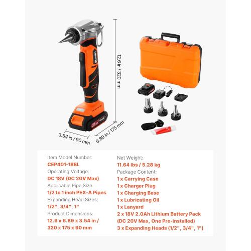 VEVOR Cordless Tube Expander, 20V Max Electric Tubing Expansion Tool for 1/2, 3/4, 1 PEX-A Pipes, 22000RPM Pipe Expander with 3 Expanding Head, 2pcs 2AH Battery, Fast Charger & Carrying Case