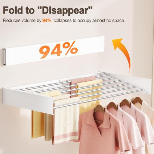 Wall Mounted Clothes Drying Rack Folding Indoor, Foldable Laundry Drying Rack Collapsible,Invisible, Space Saving, Retractable Towel Drying Rack, with Wall Template(6 Drying Rods, White 40)