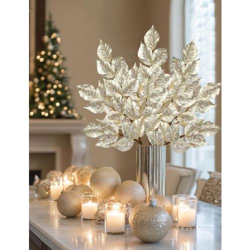 Christmas Tree Picks and Sprays 31.5 Champagne Atrificial Elm Leaves with Stems 3 Pcs Christmas Picks for Tree Champagne Vase Fillers for DIY Xmas Trees Wreath Centerpieces Wedding Bouquet Decor