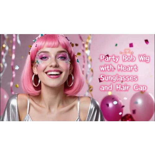 PLULON Hot Pink-Color Bob Wig with Heart Sunglasses Neon Colored Party Wig