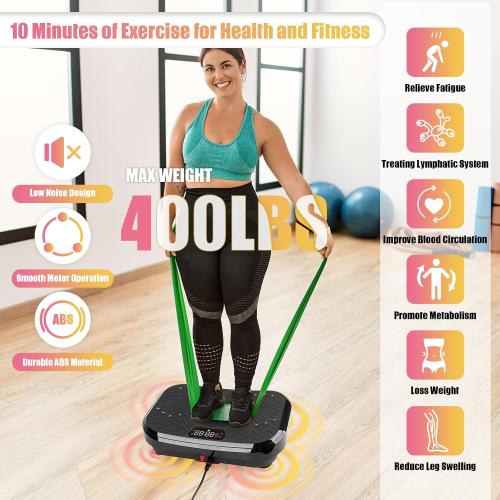 Vibration Plate Exercise Machine, Vibration Plate for Lymphatic Drainage with Training Poster, Training Plan & 3 Resistance Bands, Adjustable Speeds Vibrate Stand Shake Board for Weights Loss(400 Lbs)