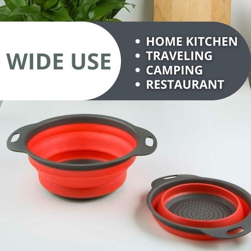 Round Collapsible Colander with Plastic Handles Round Silicone Kitchen Strainers Foldable Kitchen Strainer Perfect for Draining Pasta Vegetable and Fruit Red 2pk