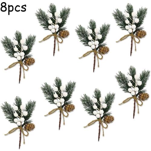 MEMOVAN Artificial Christmas Picks 8 Pack, White Christmas Berries Stems Pine Branches Cones Holly Spray/Winter Holiday Floral Pick for Xmas Decor Wreath, Garland, Crafts, Xmas Tree, Gift Wrap