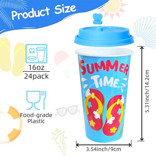 24 Pack Beach Party Favors Goodie Cups, 16OZ Pool Luau Theme Party Decorations Plastic Cups, Summer Birthday for Kids Supplies with Lids Plugs