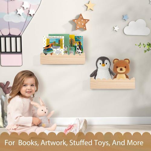 Wood Floating Shelves for Wall ,Nursery Bookshelf,Kids Book Shelf ,Baby Toys Storage Decor Organizer Wall Mounted for Living Room Bedroom,Wavy Edge,Preassembled,2 Pack,Scalloped Pine(Natural Wood)