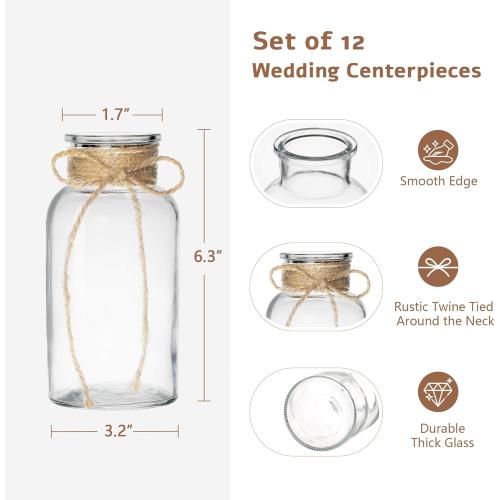 Set of 12 Vintage Glass Vases for Flowers Farmhouse Clear Glass Vases for Centerpieces Small Flower Vases with Twine Ties for Wedding, Parties & Home Decor