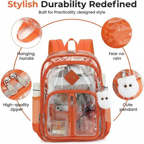 Clear Backpack for School Girls Boys, Heavy Duty Large Transparent See Through Women Bookbags for Travel College Workplace Security Approved - Orange