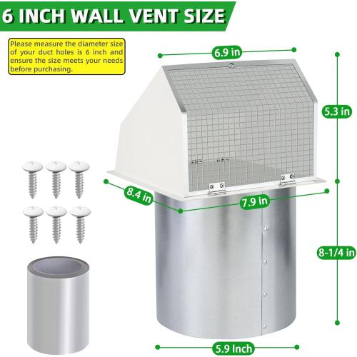 6 Inch Hooded Wall Vent with Screen and Damper,6 Vent Hood Wall Exhaust Vent Cover,Dryer Vent Cover Outside,6Vent Cover Exterior Wall Vent Cap for Range Hood Kitchen Air Ventilation,Galvanized Steel