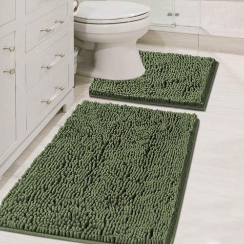 H.VERSAILTEX Bathroom Rugs Luxury Chenille Mat Set, Soft Plush Shower Rug   Toilet Mat, Microfiber Shaggy Carpet, Super Absorbent, Machine Washable (Curved Set, 32 x 20/20 x 20, Loden)