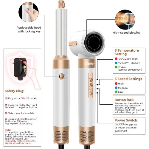 UKLISS Hair Dryer Brush 7 in 1，110000 RPM Hair Dryer with Diffuser for Curly & Twisted Hair Professional Ionic Brush Blow Dryer for Salon-Quality Styling, White Gold