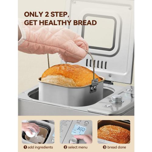 Neretva Bread Maker, 20-IN-1 2LB Bread Machine Dual Heater Bread Maker Machine Automatic with Nonstick Ceramic Pan, 15H Timer & 1H Keep Warm Set, Low Noise, Stainless Steel Breadmaker Recipe-Silver